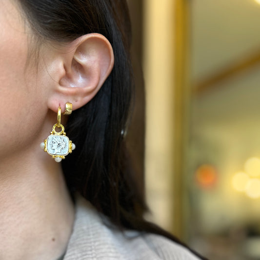 Yellow Gold-Plated Pearl Bead Roman Silver Square Coin Dangle Hoop Earrings