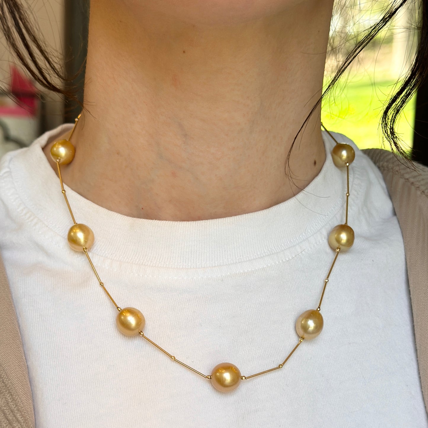 Estate 18KT Yellow Gold Golden Pearl Station Necklace - LSJ