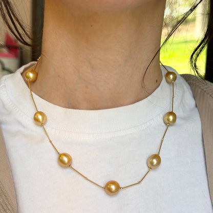 Estate 18KT Yellow Gold Golden Pearl Station Necklace - LSJ