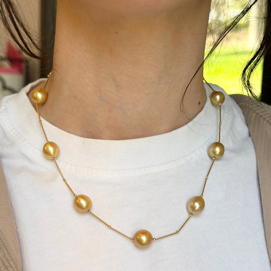 Estate 18KT Yellow Gold Golden Pearl Station Necklace