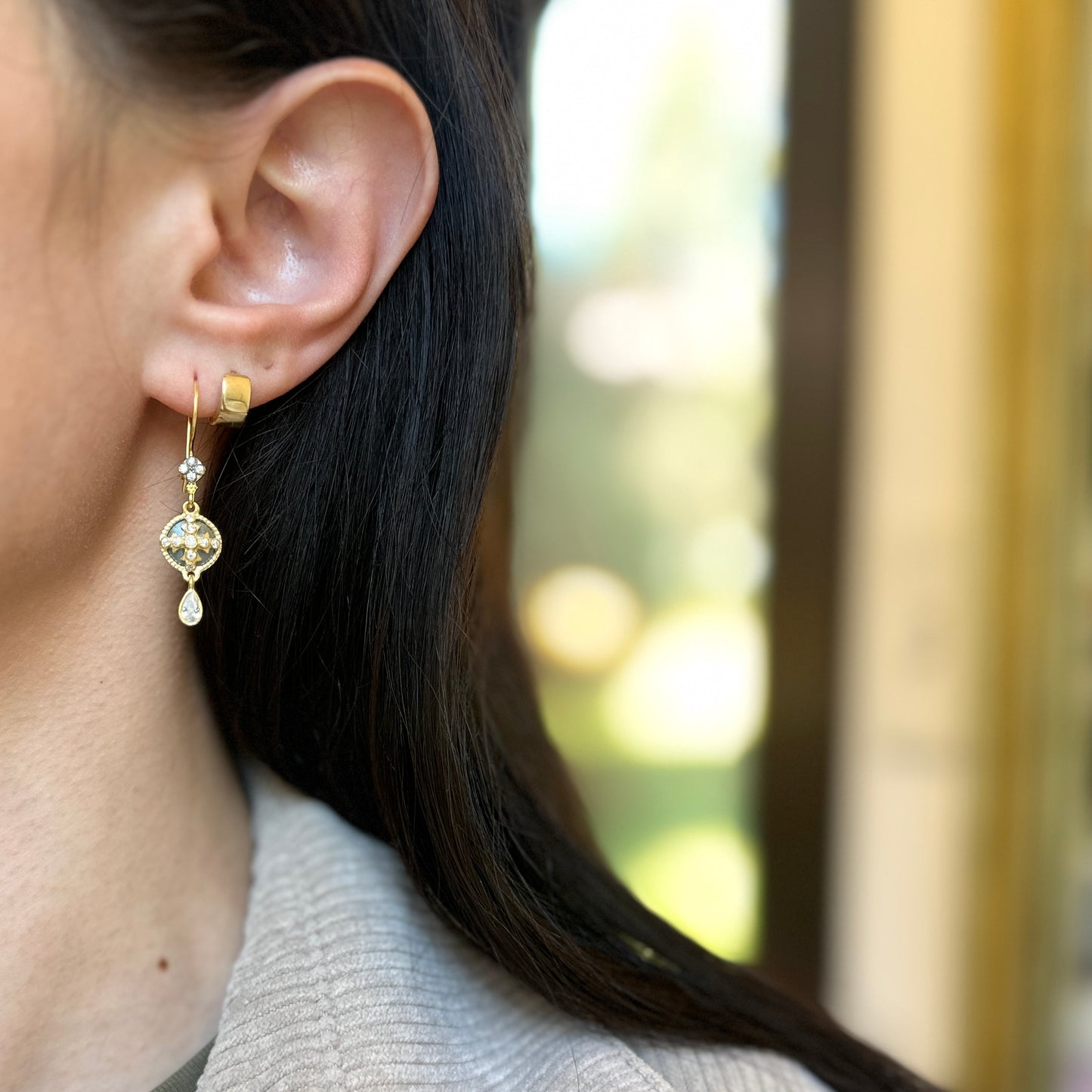 Sterling Silver Yellow Gold-Plated Oxidized Round & Pear CZ Cross Dangle Earrings