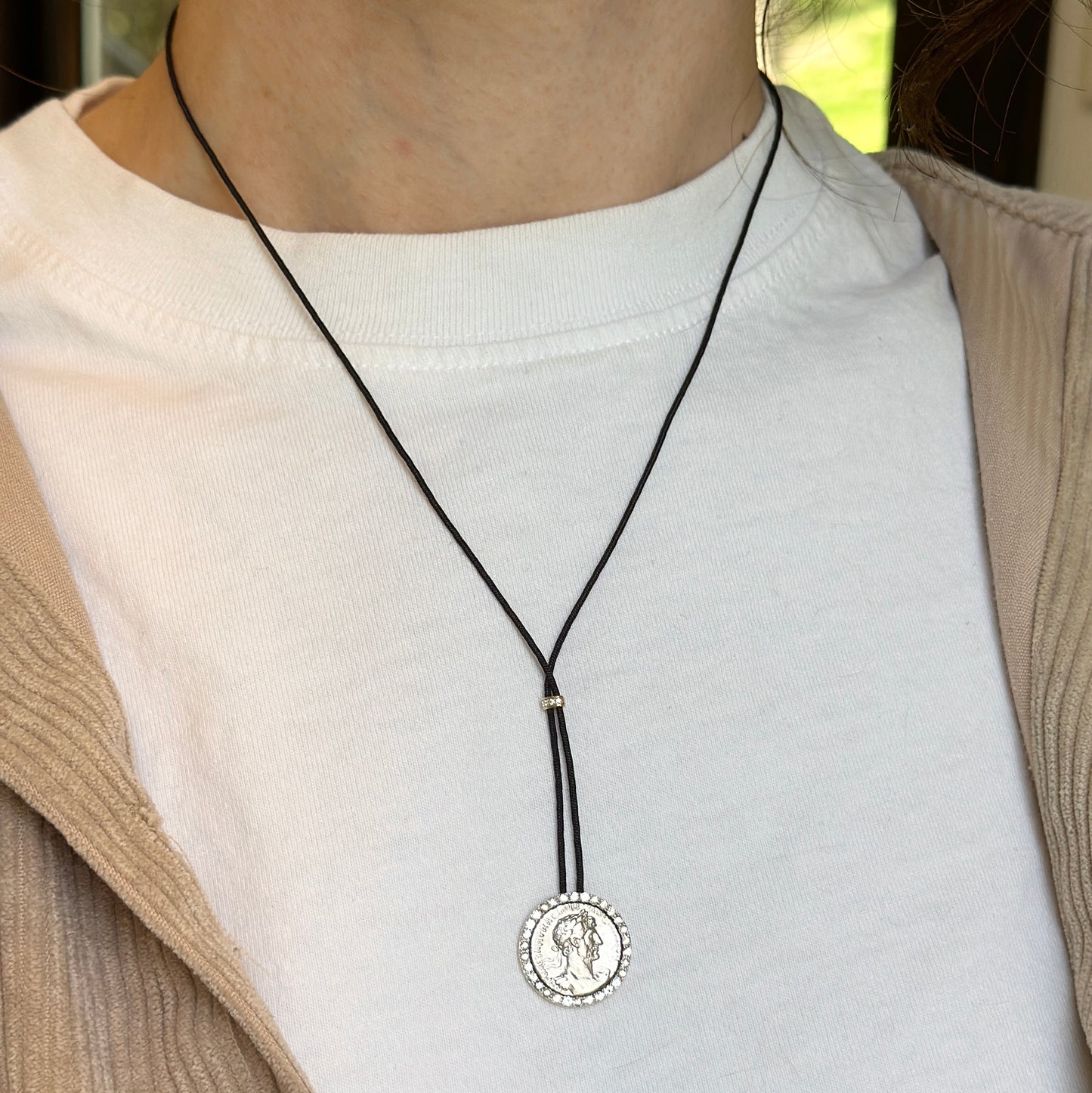 Estate 14KT Yellow Gold + Sterling Silver Faux Coin Cord Necklace - LSJ