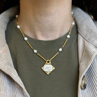 Yellow Gold-Plated Near Round Pearl Bead Necklace + Silver Tone Square Coin 17''