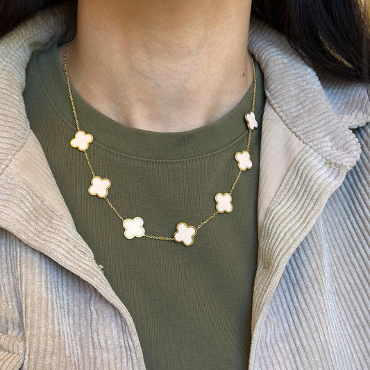 14KT Yellow Gold 14mm Light Pink Enamel Clover Station Chain Necklace