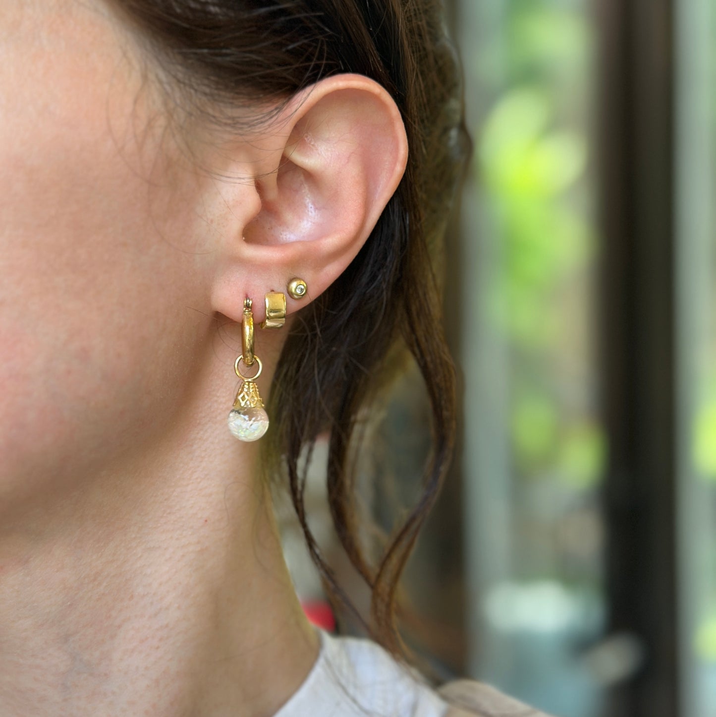 Estate Gold-Plated Hoop Earrings with Stone Charms