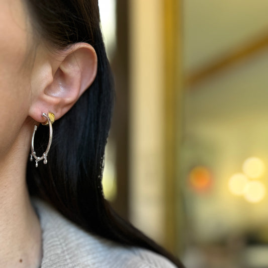 Estate Sterling Silver Wire Hoop Earrings + Small Round Bezel Diamond Dangles