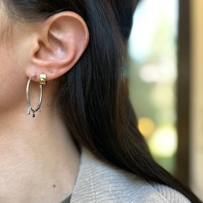 Estate Sterling Silver Wire Hoop Earrings + Small Round Bezel Diamond Dangles