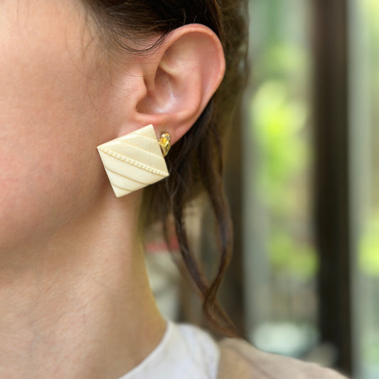 Estate Gold-Plated Square Carved Lucite Post Earrings