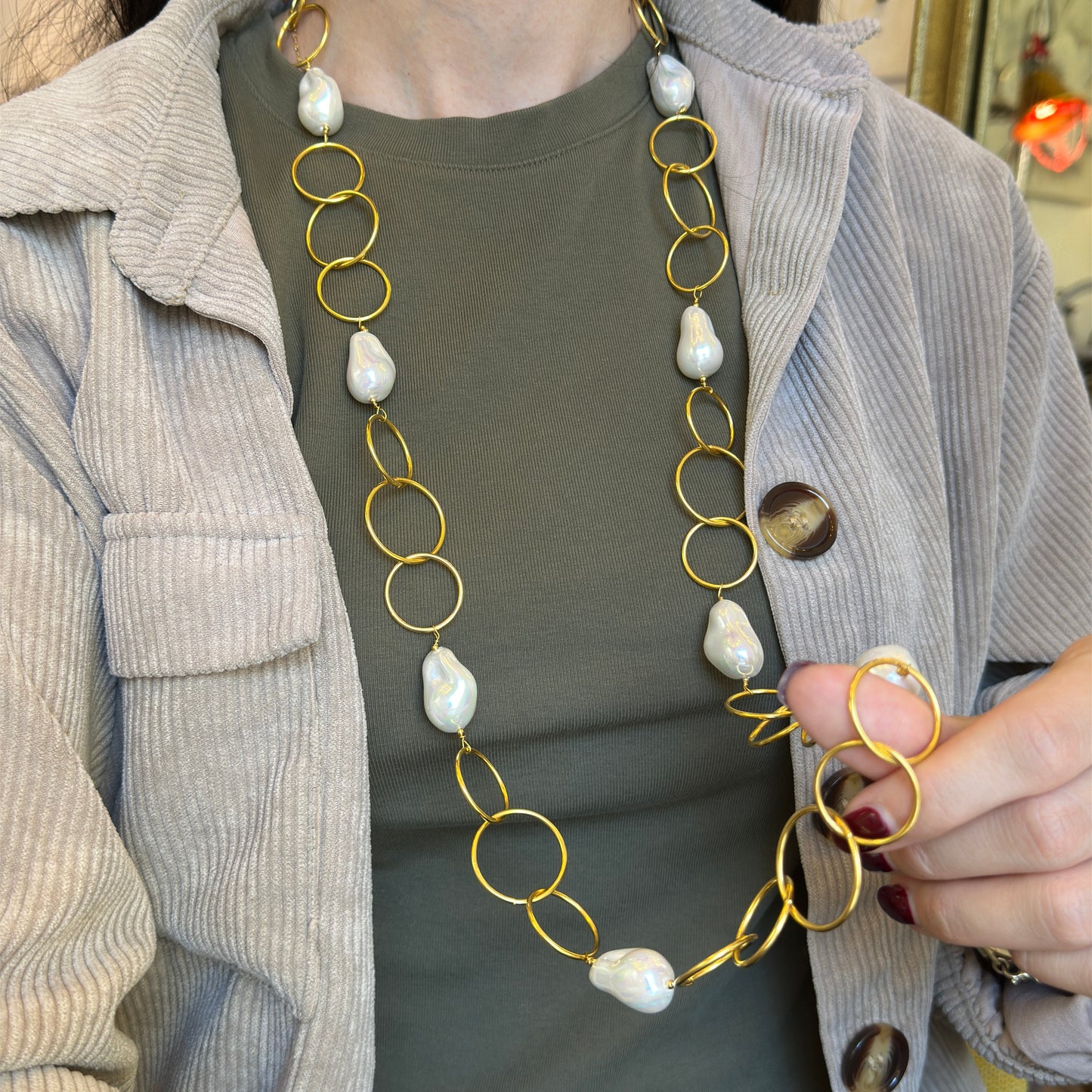 Yellow Gold-Plated Round Link + Pearl Bead Necklace 40''