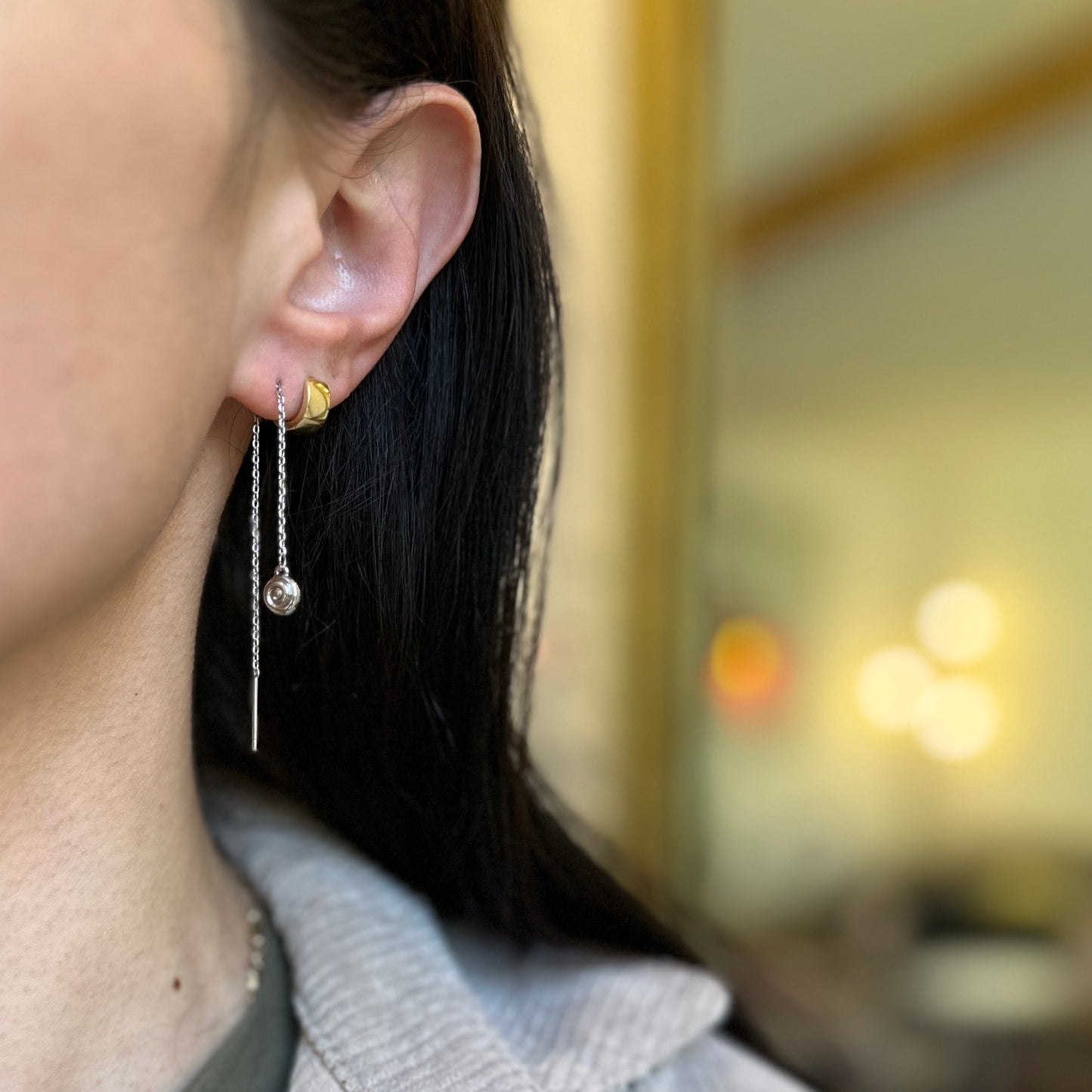 Sterling Silver Swirl Bead Dangle Pair Thin Threader Earrings