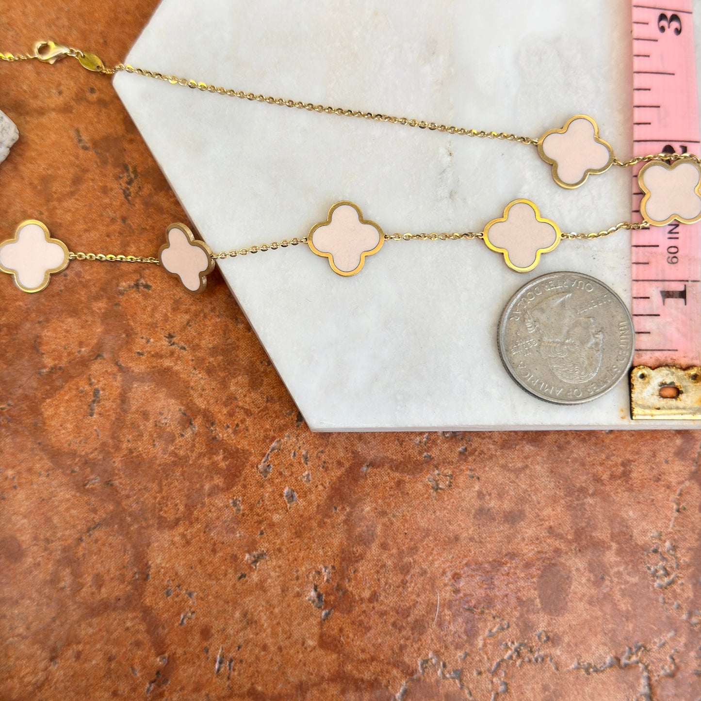 14KT Yellow Gold 14mm Light Pink Enamel Clover Station Chain Necklace