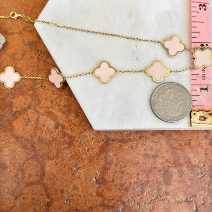 14KT Yellow Gold 14mm Light Pink Enamel Clover Station Chain Necklace