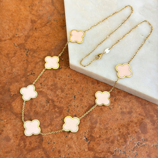 14KT Yellow Gold 14mm Light Pink Enamel Clover Station Chain Necklace