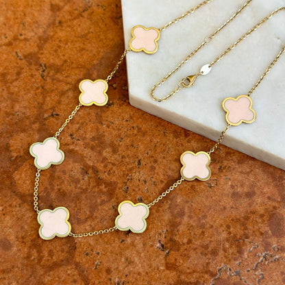 14KT Yellow Gold 14mm Light Pink Enamel Clover Station Chain Necklace