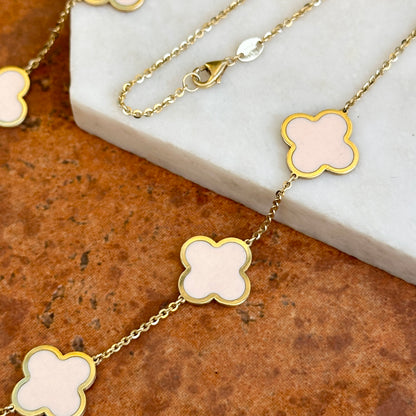 14KT Yellow Gold 14mm Light Pink Enamel Clover Station Chain Necklace