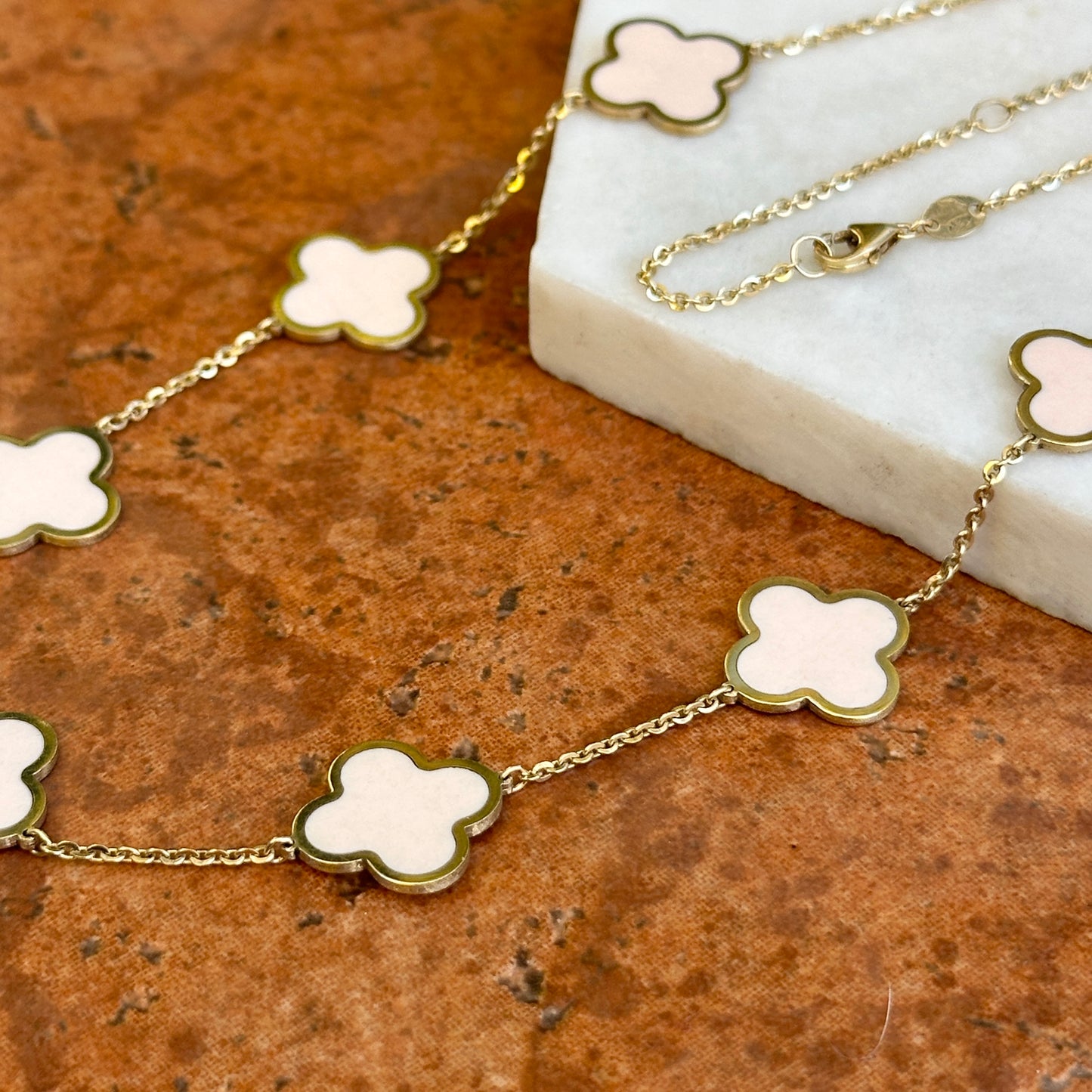 14KT Yellow Gold 14mm Light Pink Enamel Clover Station Chain Necklace