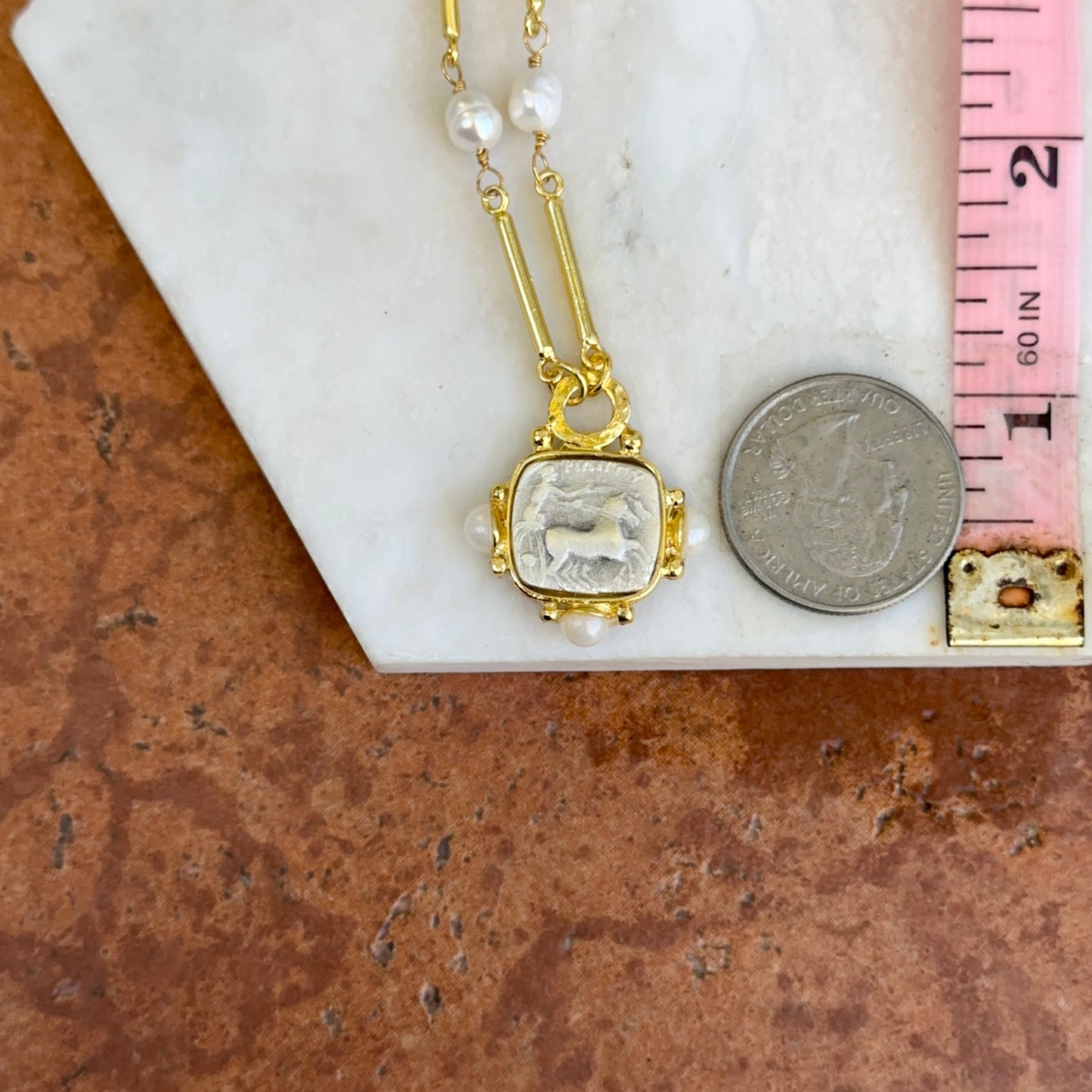 Yellow Gold-Plated Near Round Pearl Bead Necklace + Silver Tone Square Coin 17''