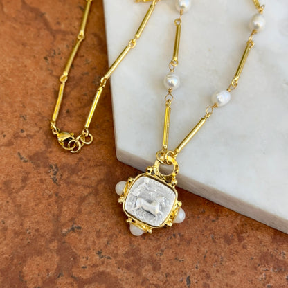 Yellow Gold-Plated Near Round Pearl Bead Necklace + Silver Tone Square Coin 17''