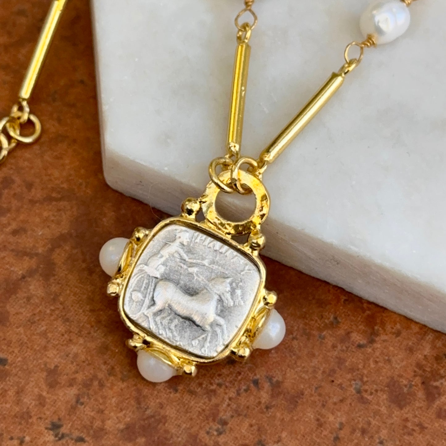 Yellow Gold-Plated Near Round Pearl Bead Necklace + Silver Tone Square Coin 17''