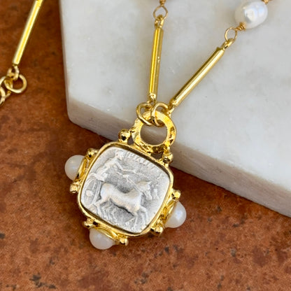 Yellow Gold-Plated Near Round Pearl Bead Necklace + Silver Tone Square Coin 17''
