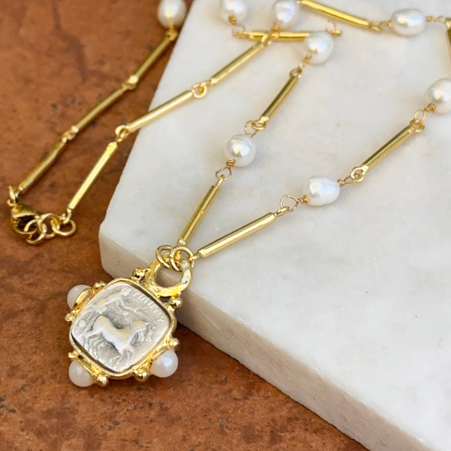 Yellow Gold-Plated Near Round Pearl Bead Necklace + Silver Tone Square Coin 17''