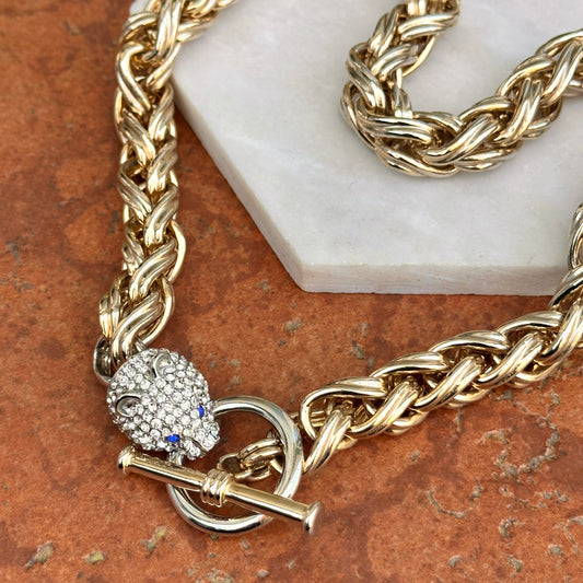 Estate Gold-Tone Pave Panther Head + Toggle Wheat Necklace