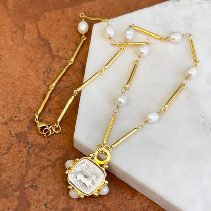 Yellow Gold-Plated Near Round Pearl Bead Necklace + Silver Tone Square Coin 17''