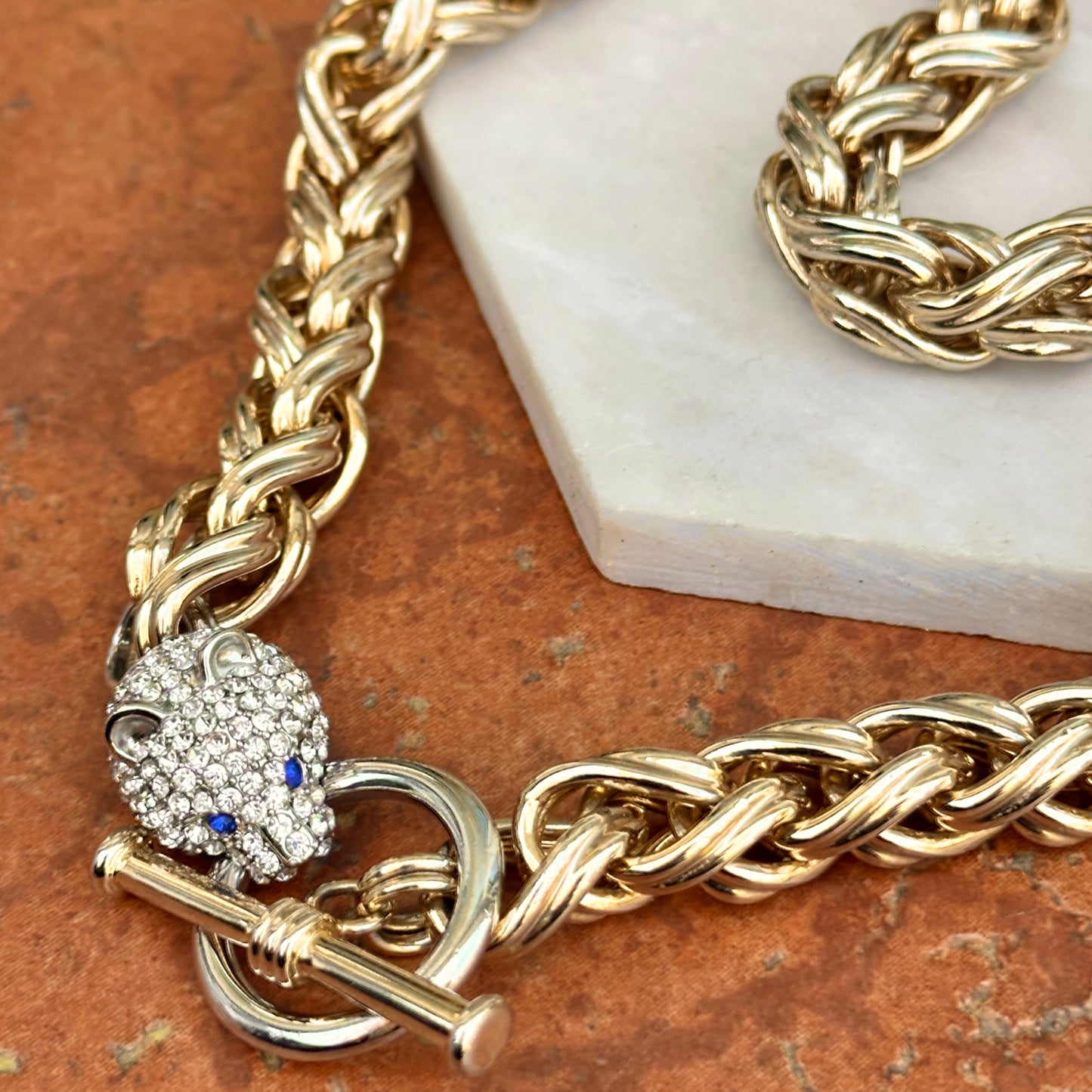 Estate Gold-Tone Pave Panther Head + Toggle Wheat Necklace
