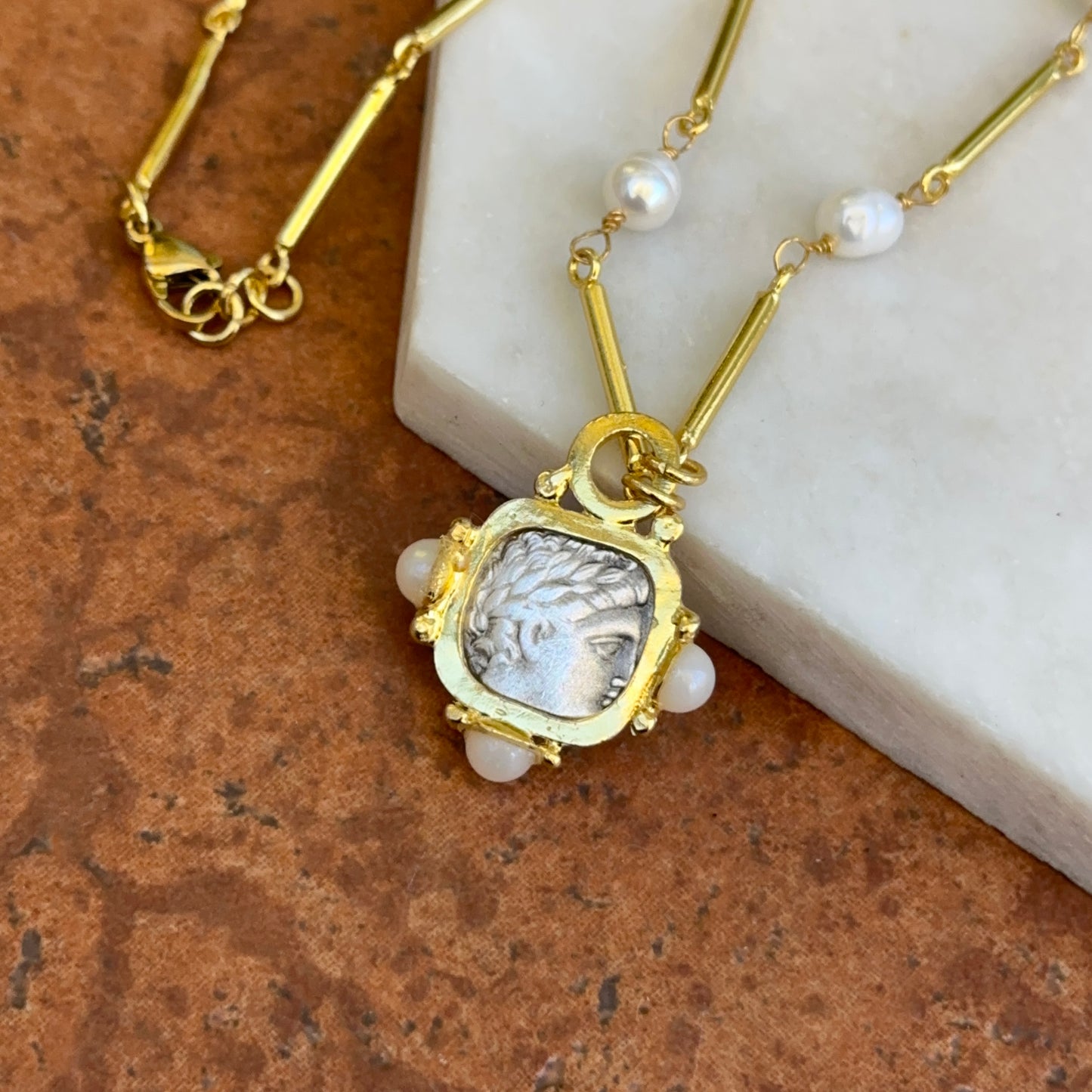 Yellow Gold-Plated Near Round Pearl Bead Necklace + Silver Tone Square Coin 17''