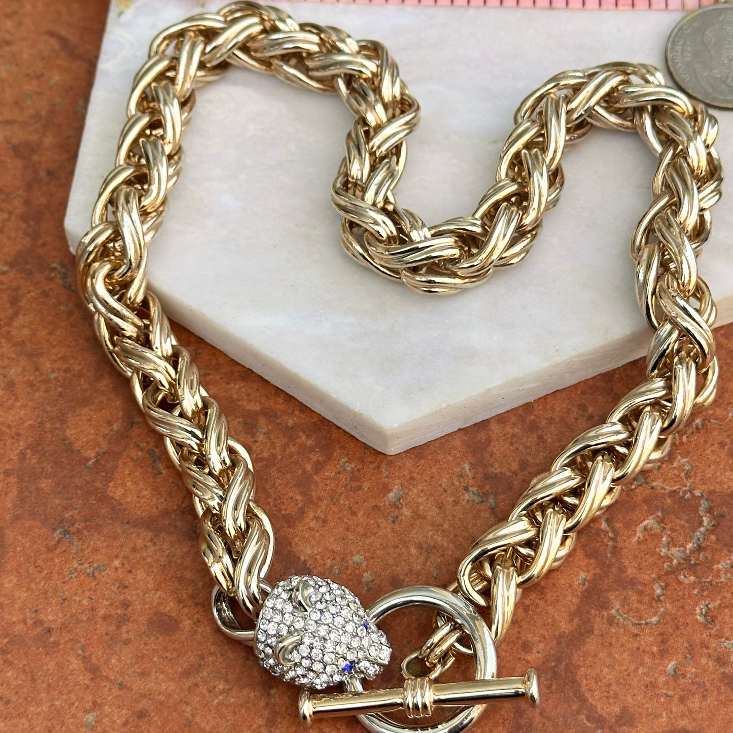 Estate Gold-Tone Pave Panther Head + Toggle Wheat Necklace