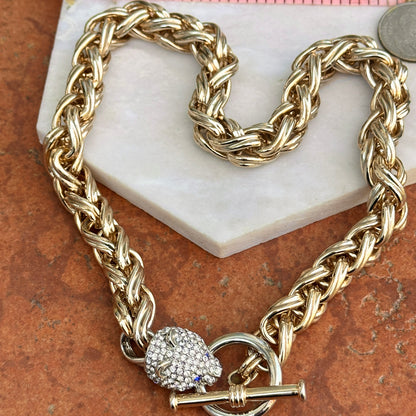 Estate Gold-Tone Pave Panther Head + Toggle Wheat Necklace