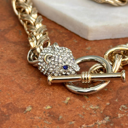 Estate Gold-Tone Pave Panther Head + Toggle Wheat Necklace