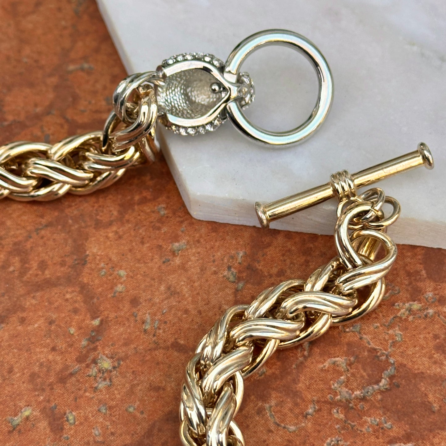 Estate Gold-Tone Pave Panther Head + Toggle Wheat Necklace