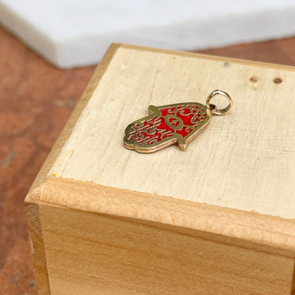 14KT Yellow Gold Red Onyx Filigree Hamsa Pendant Charm