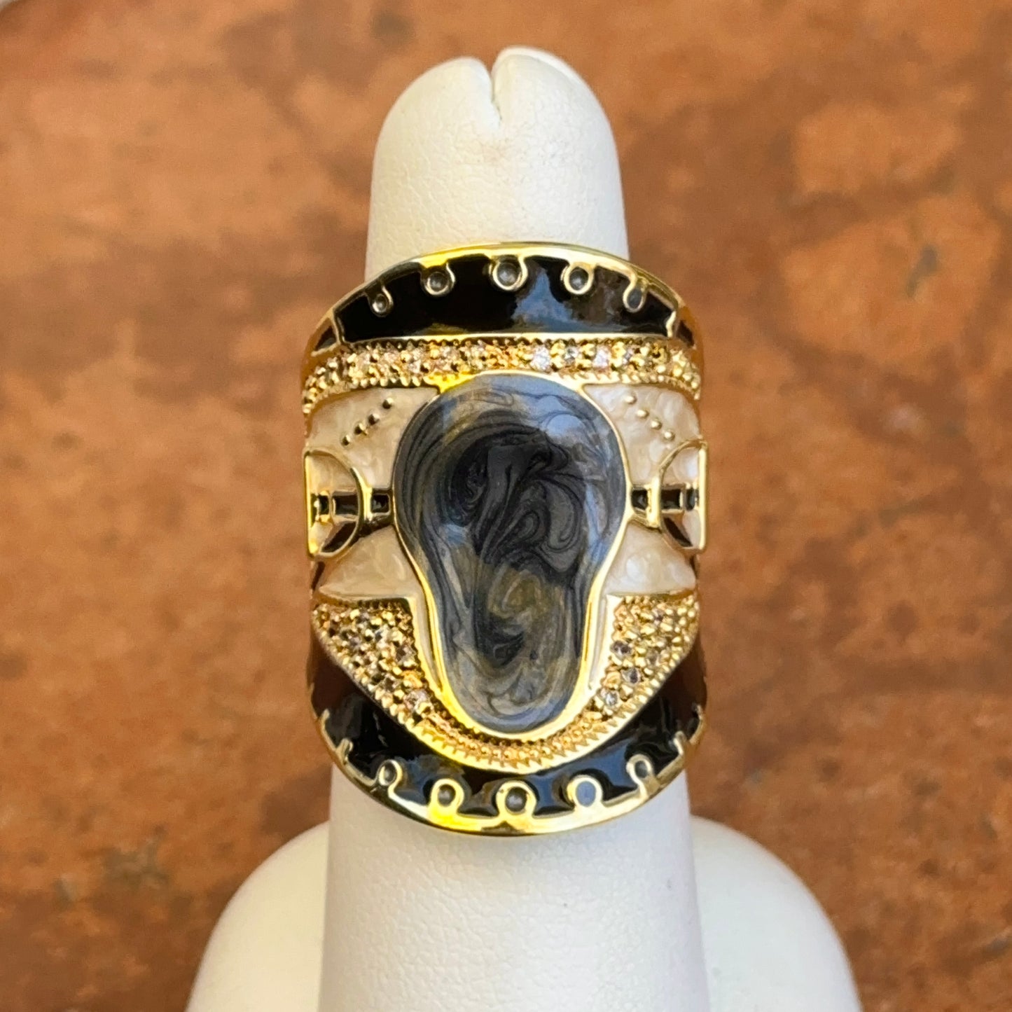 18K Yellow Gold-Plated Brass CZ + Black, Grey, Cream Enamel Saddle Ring