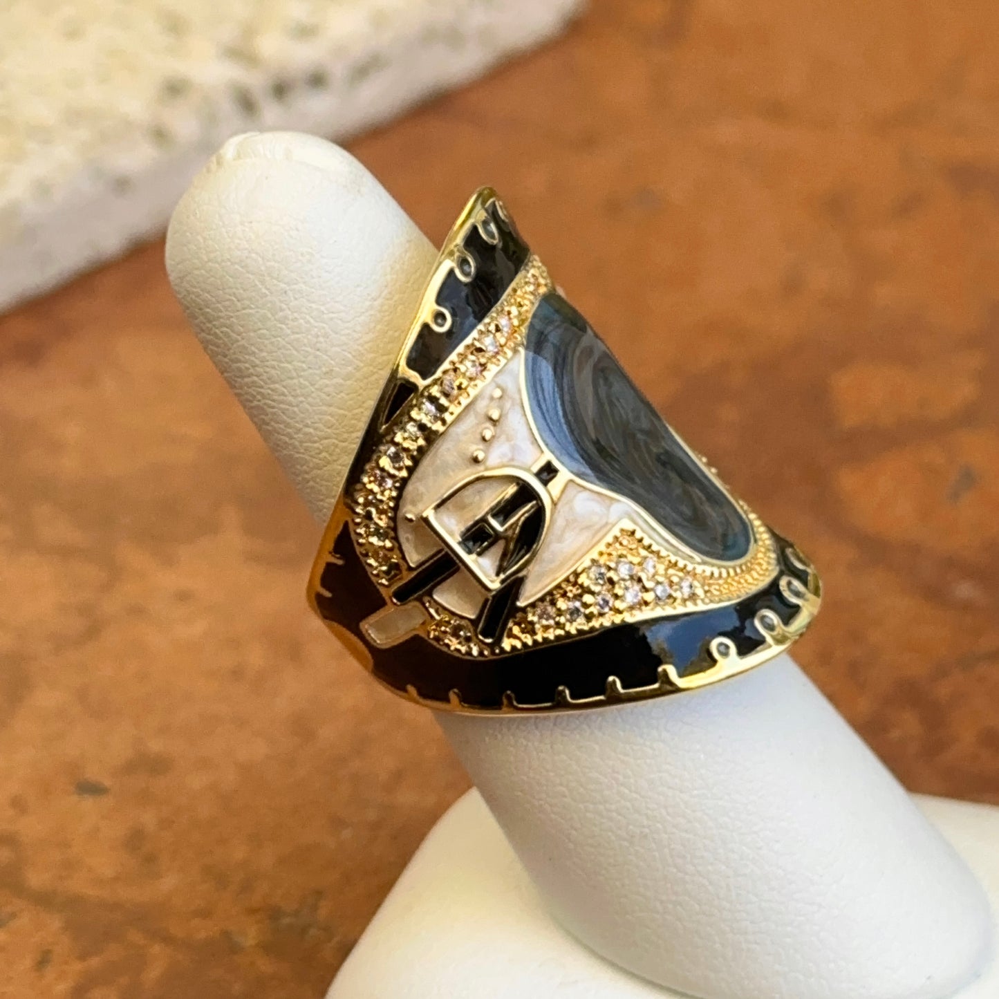 18K Yellow Gold-Plated Brass CZ + Black, Grey, Cream Enamel Saddle Ring