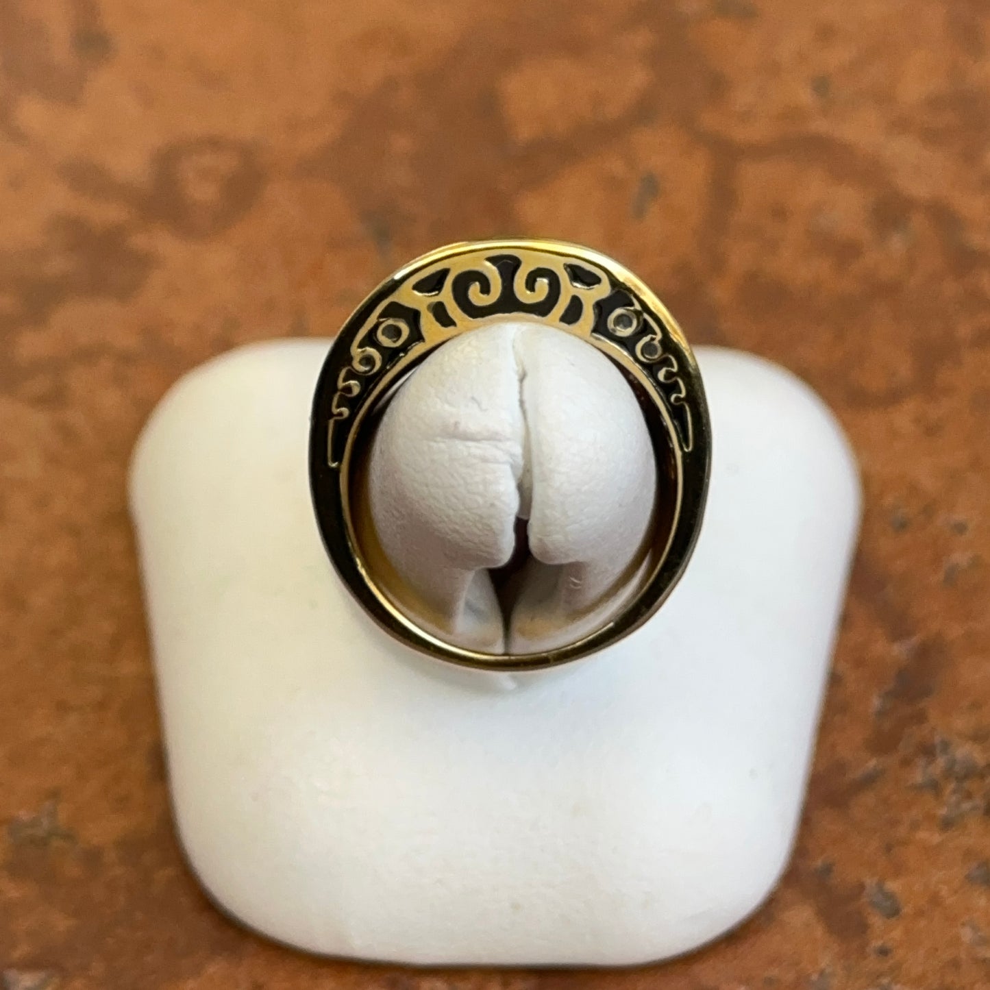 18K Yellow Gold-Plated Brass CZ + Black, Grey, Cream Enamel Saddle Ring