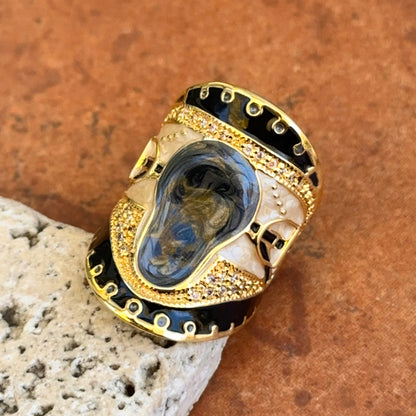 18K Yellow Gold-Plated Brass CZ + Black, Grey, Cream Enamel Saddle Ring