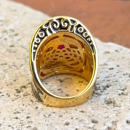 18K Yellow Gold-Plated Brass CZ + Black, Grey, Cream Enamel Saddle Ring