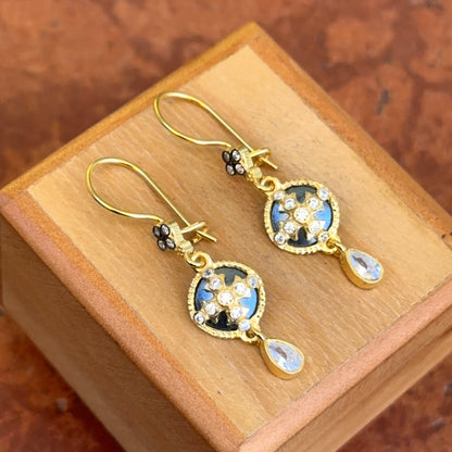 Sterling Silver Yellow Gold-Plated Oxidized Round & Pear CZ Cross Dangle Earrings