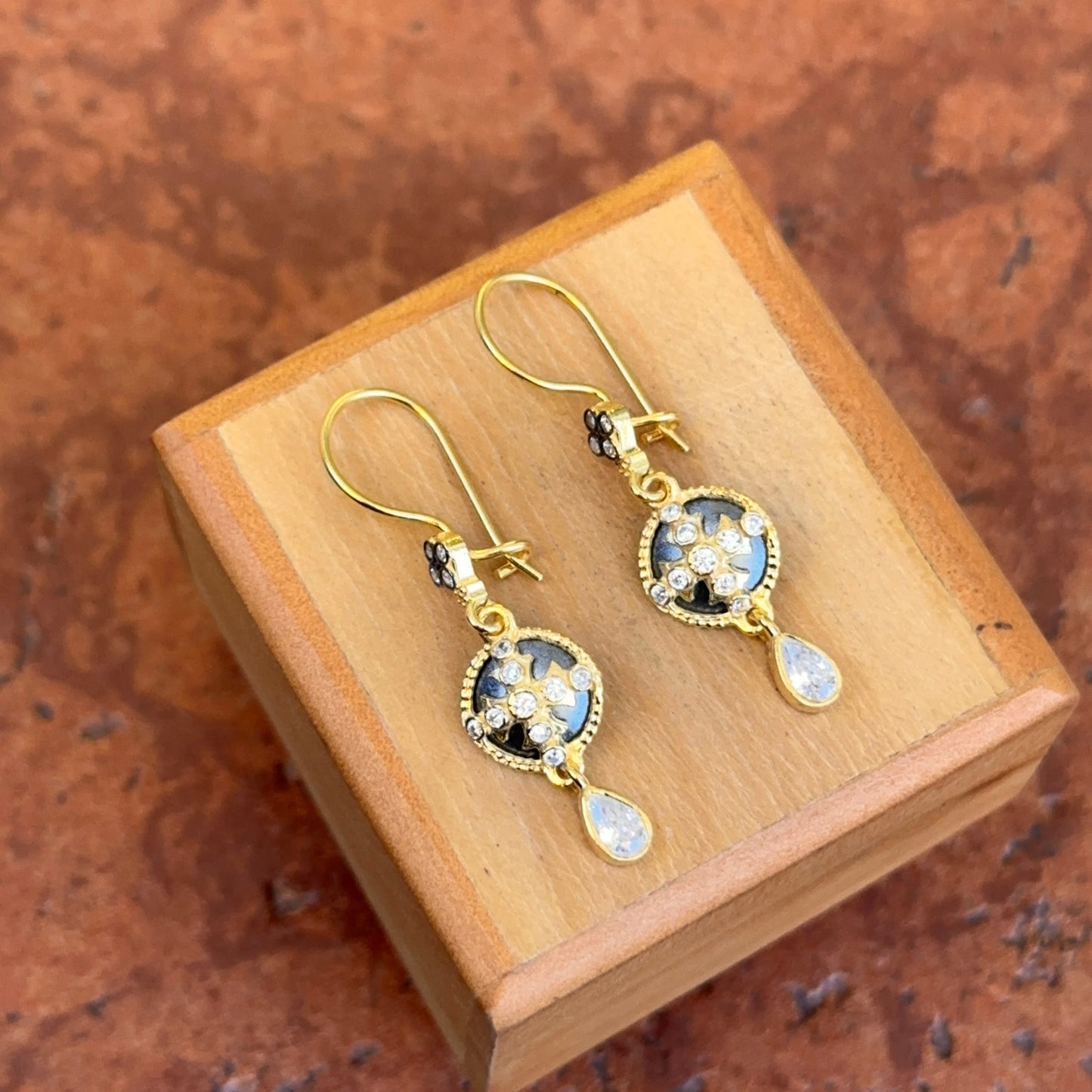 Sterling Silver Yellow Gold-Plated Oxidized Round & Pear CZ Cross Dangle Earrings