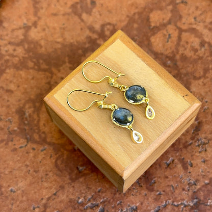 Sterling Silver Yellow Gold-Plated Oxidized Round & Pear CZ Cross Dangle Earrings