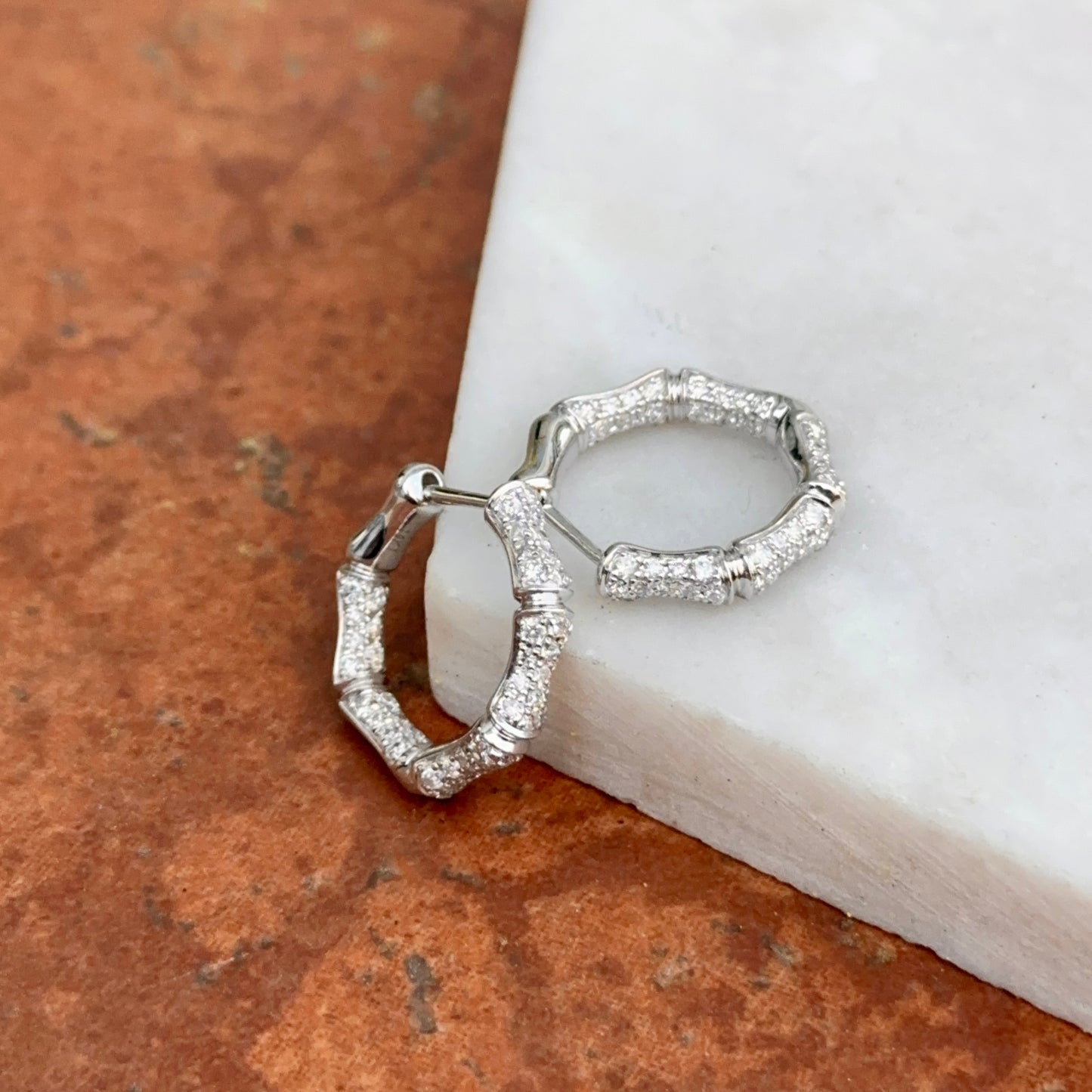 14KT White Gold Round Diamond Inside/Out Bamboo Pierced Huggie Hoop Earrings - LSJ
