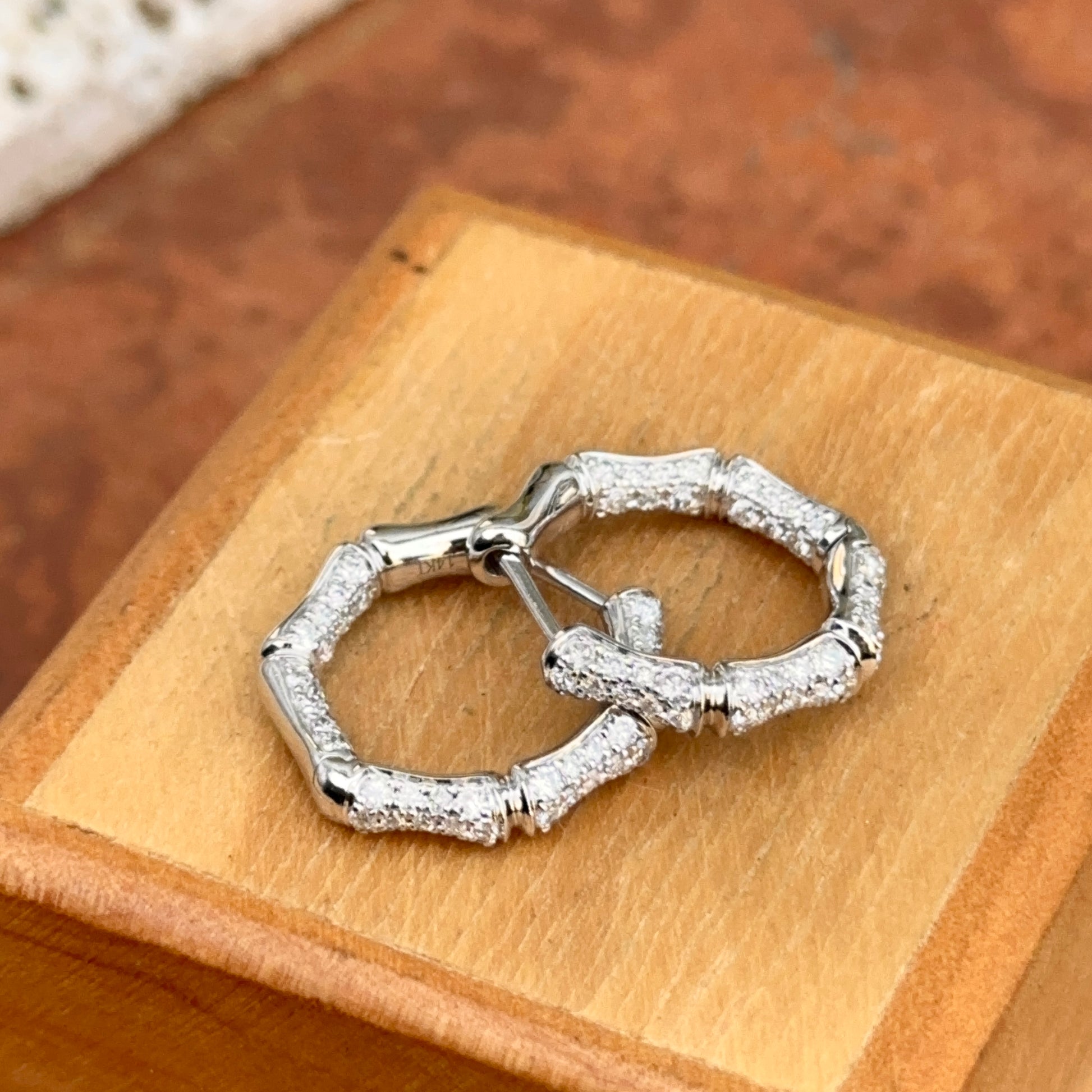 14KT White Gold Round Diamond Inside/Out Bamboo Pierced Huggie Hoop Earrings - LSJ