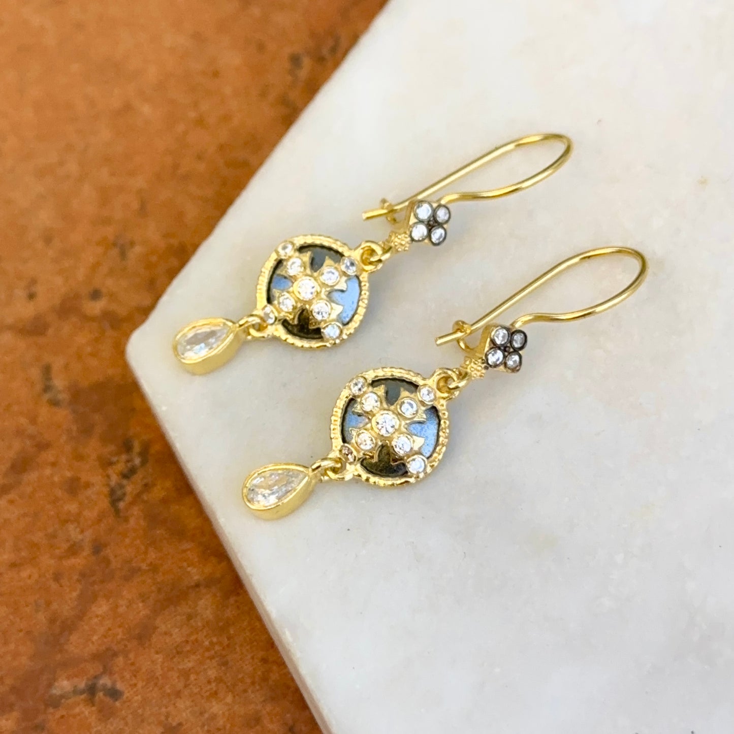 Sterling Silver Yellow Gold-Plated Oxidized Round & Pear CZ Cross Dangle Earrings