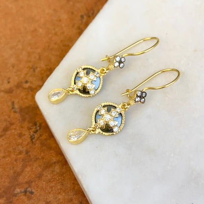 Sterling Silver Yellow Gold-Plated Oxidized Round & Pear CZ Cross Dangle Earrings
