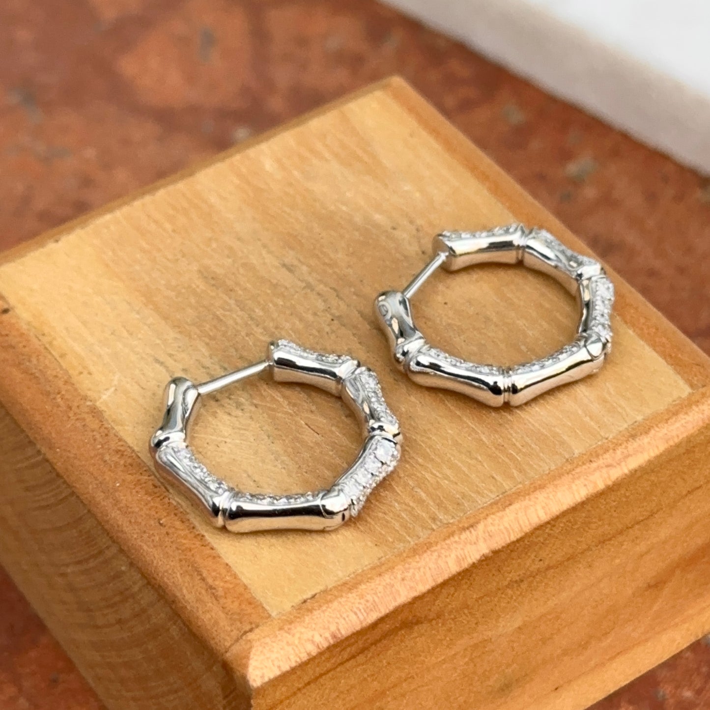 14KT White Gold Round Diamond Inside/Out Bamboo Pierced Huggie Hoop Earrings - LSJ