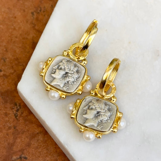 Yellow Gold-Plated Pearl Bead Roman Silver Square Coin Dangle Hoop Earrings