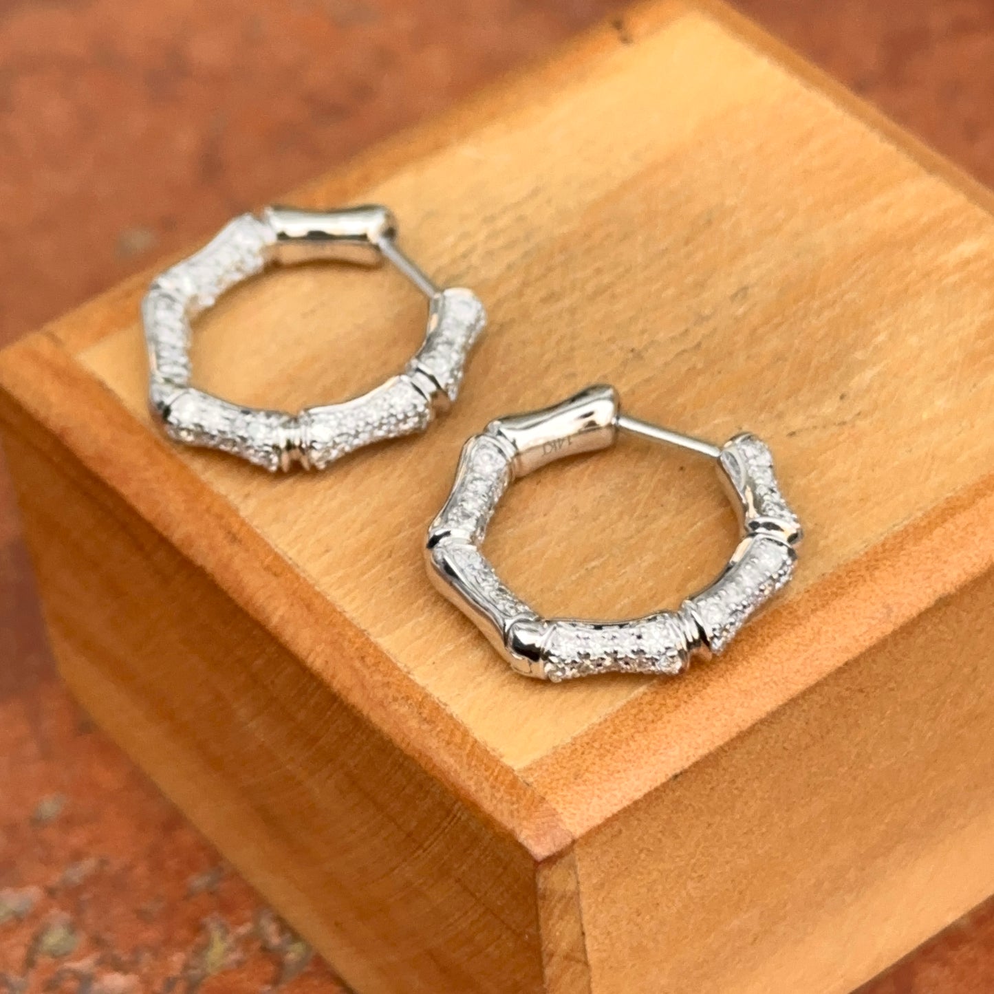14KT White Gold Round Diamond Inside/Out Bamboo Pierced Huggie Hoop Earrings - LSJ