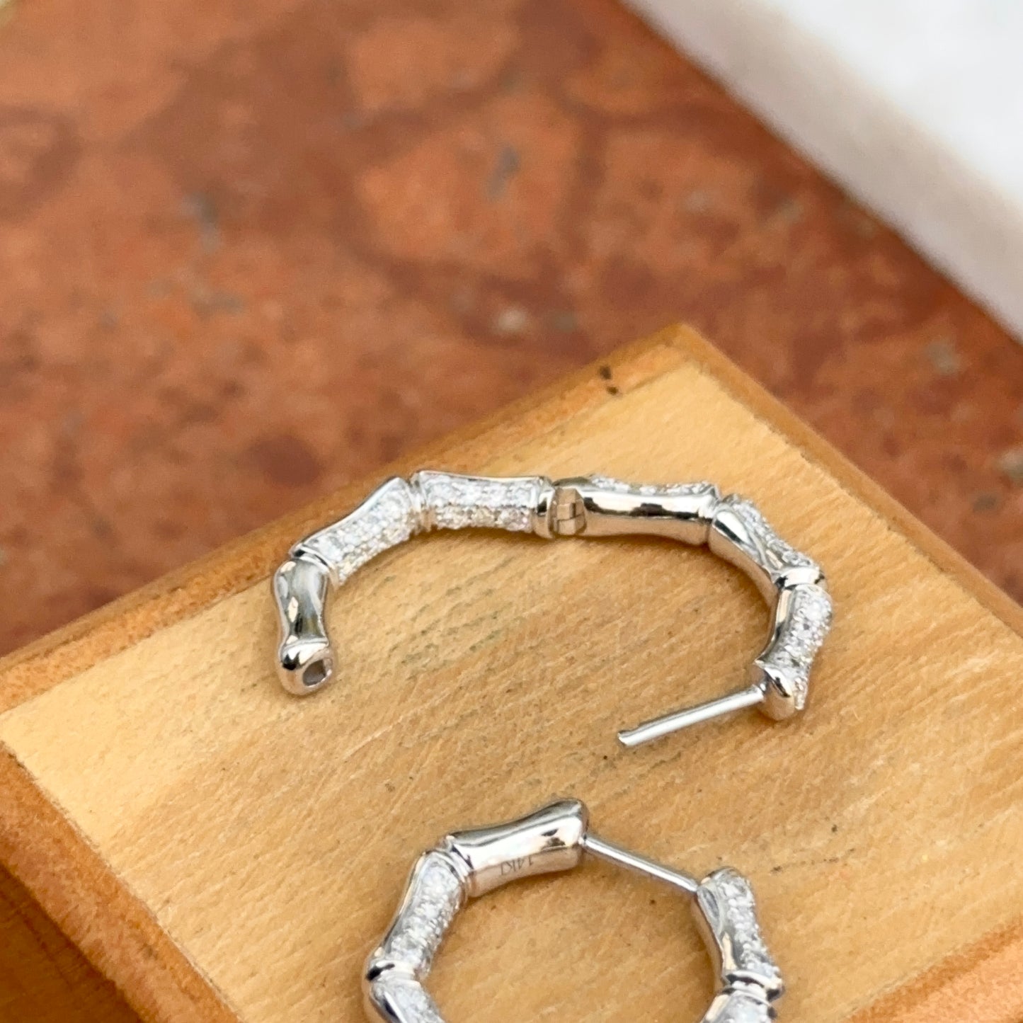 14KT White Gold Round Diamond Inside/Out Bamboo Pierced Huggie Hoop Earrings - LSJ